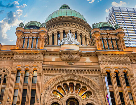 Detail of the facade of the Queen Victoria Building in George Street in the centre of the city of Sydney. Sydney, New South Wales, Australia.
