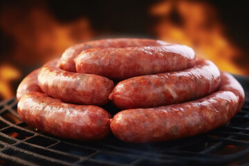 Raw sausage for barbecue on the grill, on the wooden board, barbecue party food. Generative AI.