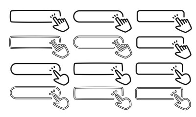 ハンドポインターとフレームのイラストセット/クリックボタン/クリック/ボタン/カーソル/ベクター/枠/あしらい/要素/モノクロ