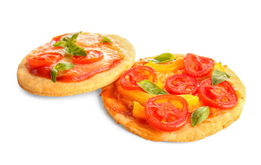 Different tasty mini pizzas on white background