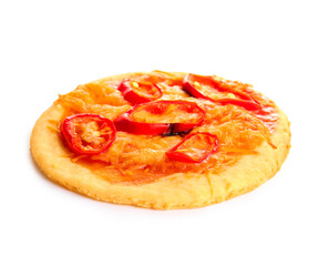 Tasty mini pizza on white background