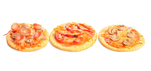 Fototapeta na wymiar Different tasty mini pizzas on white background