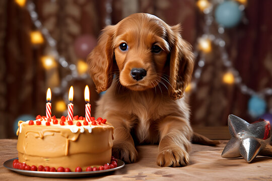 Cute puppy with birthday cake portrait studio shot