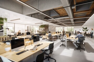 A group of people working at desks in an office. AI generative image.