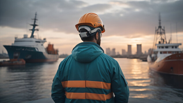 man in a vibrant green and yellow safety jacket, donning a protective helmet. Seen from behind, he gazes upon a bustling cargo ship port, providing a glimpse into the world of maritime logistics