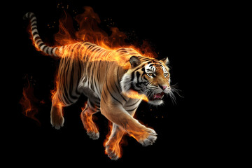 Fototapeta premium Image of an angry tiger with flames. Wildlife Animals. illustration, generative AI.