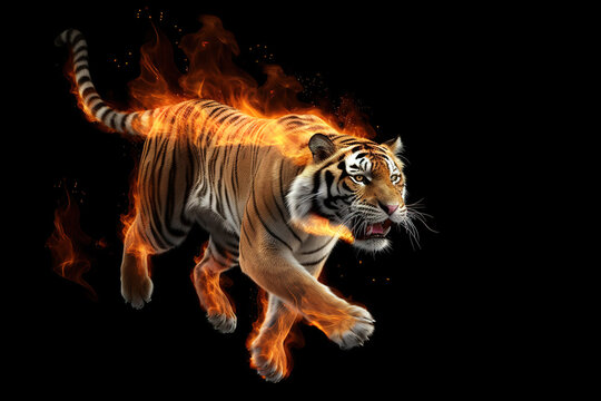 Image of an angry tiger with flames. Wildlife Animals. illustration, generative AI.