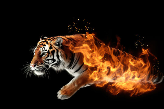Image of an angry tiger with flames. Wildlife Animals. illustration, generative AI.