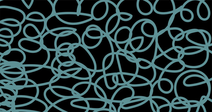 Abstract colorful pattern of wavy lines. Composition in the form of an arbitrary blue pattern on a black background. Vector illustration, EPS 10. Doodle space.
