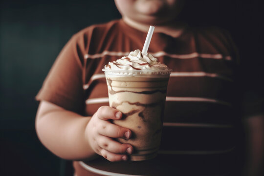 Obese child holding a frozen dessert drink, Generative AI