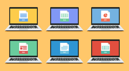 set of office document such as DOC, XLS, PPT, PDF, TXT, and CSV file format icon on laptop screen, vector flat illustration