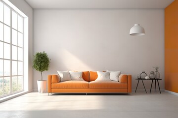White wall interior living room have orange leather sofa