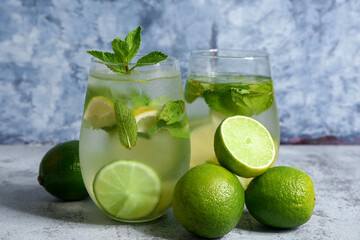 Glasses of cold mojito and lime on blue table