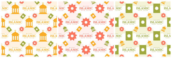 Set of Happy Islamic New Year Seamless Pattern Design Flat Illustration with Muslims Elements in Template Hand Drawn