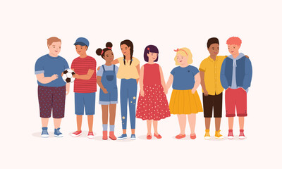 Fototapeta premium Racial Diversity Group Of Smiling Kids With Different Skin Tones, Hair Styles And Body Sizes Interacting With Each Other In Various Ways. Full Length. Flat Design Style, Character, Cartoon.
