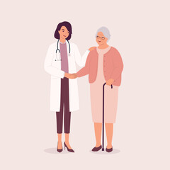 Smiling Female Doctor Shaking Hands With A Grateful Senior Woman Patient. Full Length. Flat Design Style, Character, Cartoon.