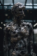 Fototapeta na wymiar A sculpture of a man with wires all over his body. AI generative image.
