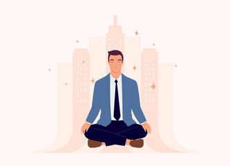 One Smiling Businessman Doing Meditation While Sitting In Cross-Legged And Eyes Closed. Full Length. Flat Design Style, Character, Cartoon.