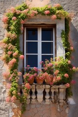 Fototapeta na wymiar a window with flowers on the ledge