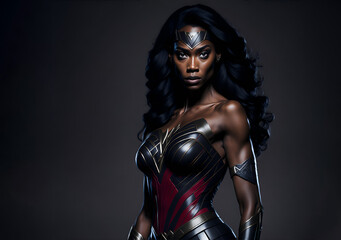 Beautiful black woman wearing superhero costume. Powerful amazon warrior princess