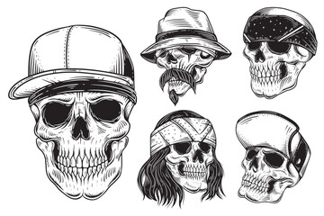 Set Bundle Dark art Skull Rider bikers retro Vintage Tattoo Helmet Motorcycle Hand drawn Style illustration