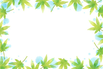 綺麗な緑のモミジと水玉模様の背景イラスト