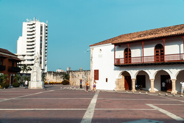 Cartagena, Bolivar, Colombia. March 14, 2023: Customs Square and Colon Monument.