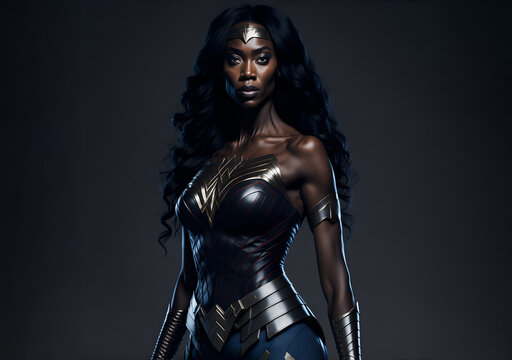 Beautiful black woman wearing superhero costume. Powerful amazon warrior princess. Generative AI