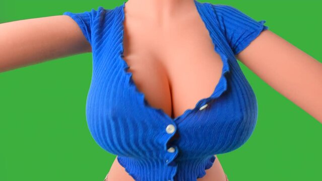 Huge breasts bouncing in a blue top with deep cleavage. Upper body close-up of a female torso with a voluptuous, curvy, sexy figure. Not a real woman, no model release necessary.