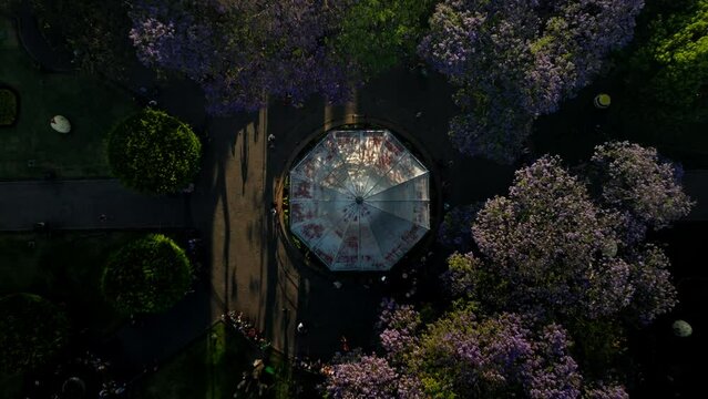 VERTICAL DRONE SHOT OF PLAZA DE ARMAS KIOSK IN MORELIA MICHOACAN MEXICO