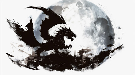 Generative AI, Enchanting Watercolor Drawing of a Silhouetted Dragon