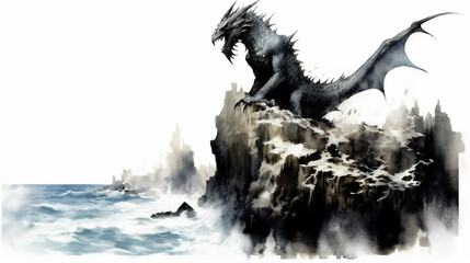 Fototapeta premium Generative AI, Mystic Majesty: Dragon's Gaze Across the Vast Abyss