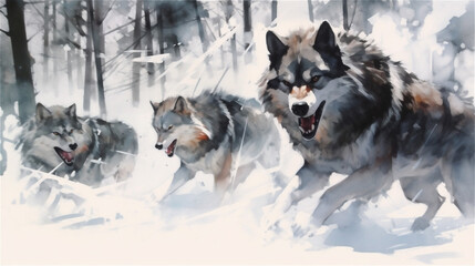 Naklejka premium Generative AI, Wild Symphony: Pack of Wolves in Ferocious Pursuit