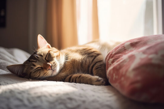 Cute Cat Sleeps with Soundly on the bed Bright Light from the Window in the Morning