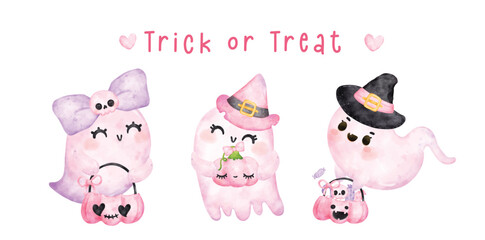 Group of Cute happy smile kawaii ghost pink Halloween , trick or treat, cartoon character watercolour hand painted vector banner