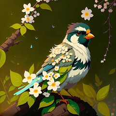 A songbird sits on a branch of a flowering tree, among blossoming flowers. Generative, AI, Generative AI,