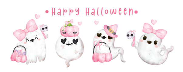 Cute Pink Ghost Halloween Cartoon Character Greeting Card, adorable hand-painted watercolor vector illustration banner