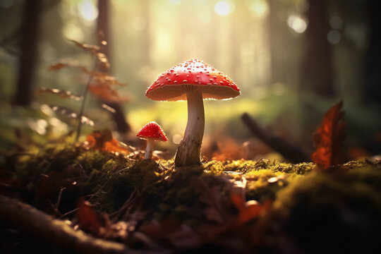 Toadstools in the forest on a sunny day - done with generative AI
