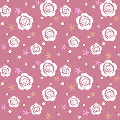 In this seamless pattern, small and large graphic white roses are decorated with small flowers and circular dots placed on a pink background. Make it looks beautiful and attractive.