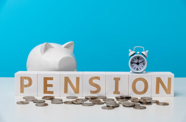 Piggy bank with word pension - obrazy, fototapety, plakaty