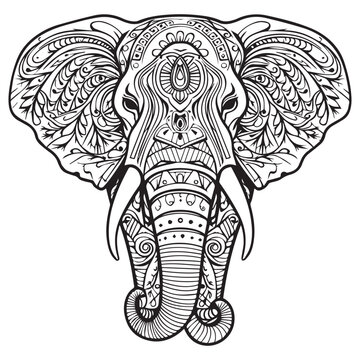 A cute elephant line art coloring page vector illustration.