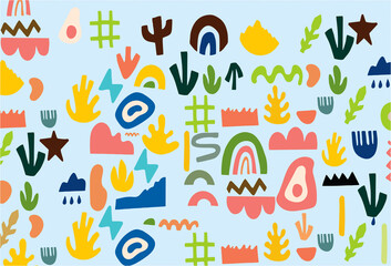 Set of different abstract shapes. Hand drawn trendy illustration for pattern design. Unique signs and shapes as fabric texture.
