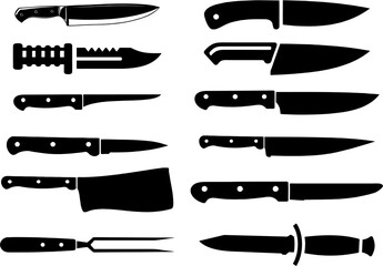 Collection of kitchen Meat knives. Hand-forged cleaver, Meat cleaver, boning, carving knife icons. kitchenware icons for restaurants, kitchens, butchery, meat shop.  - obrazy, fototapety, plakaty