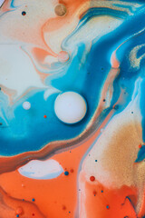 Abstract vertical background asset of painting with white bubble sphere in peaceful cloudy waves of orange gold and blue