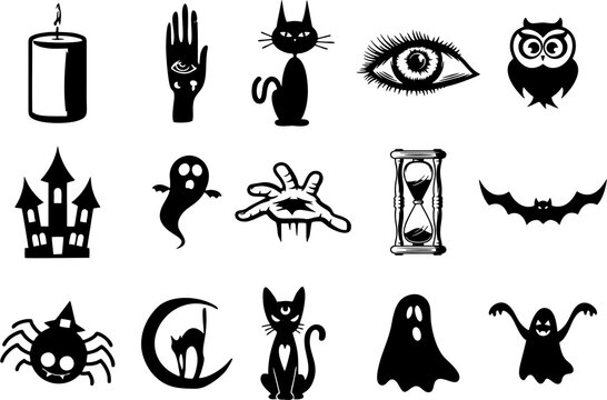 collection of isolated Halloween icons - moon, cats, pumpkins, candle, witch, castle, ghost, hats, spiders, bats, grave, broom, spiderweb etc. 