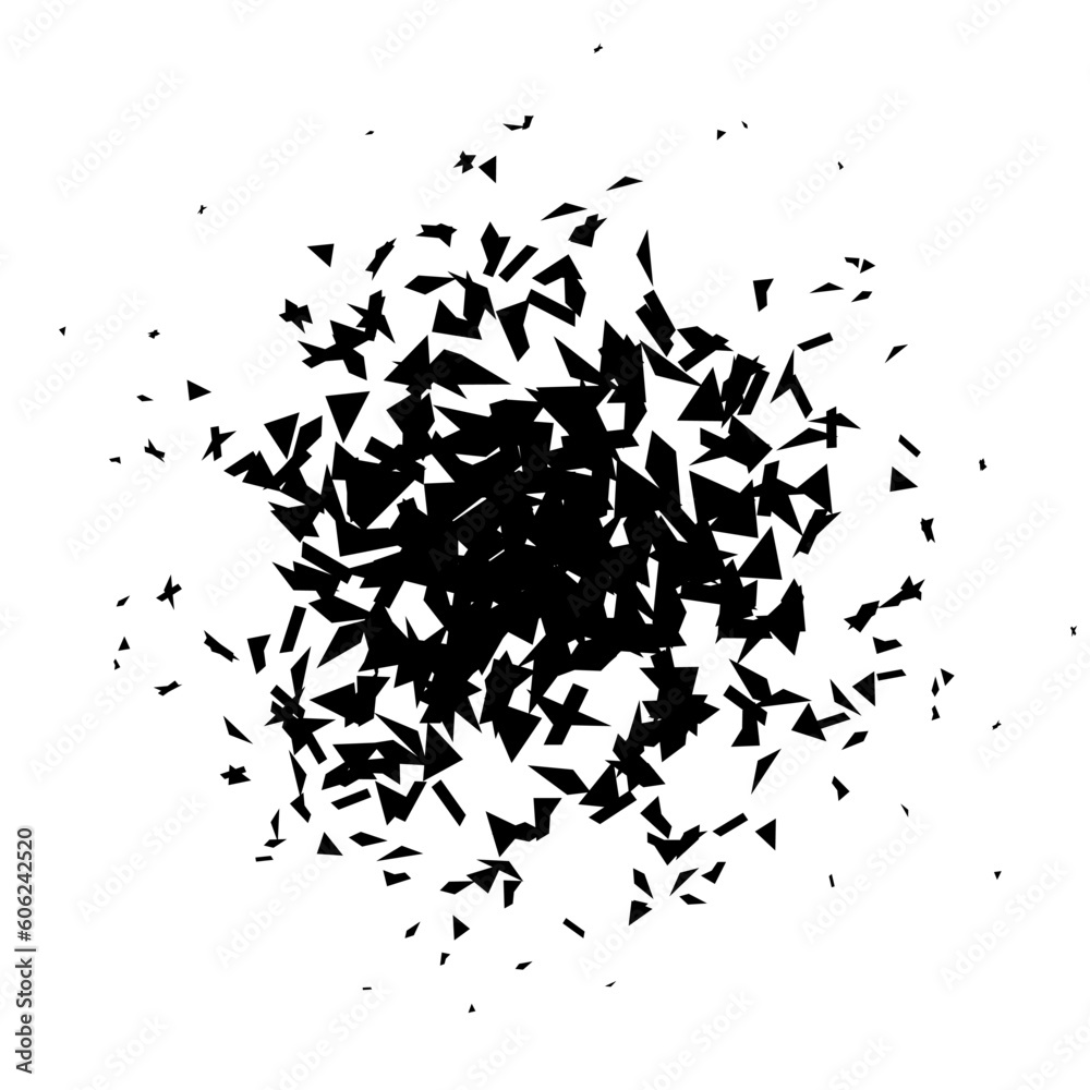 Poster Shatters and debris in radial shape. Black broken pieces, specks, speckles and particles. Abstract explosion and burst element. texture. Vector illustration 