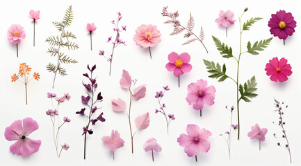 collection of pink and purple flowers arranged in a symmetrical pattern on a white background, Generative Ai