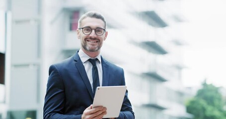 Face, tablet or businessman working in city, typing email online and networking on website in commute. Portrait, CEO or happy senior manager planning a digital strategy on internet or social media - Powered by Adobe