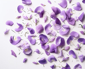  pile of purple flowers on a white background, Generative Ai