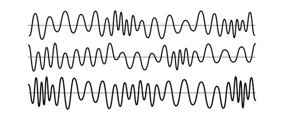 Sinusoid signals set. Black curve sound waves with different amplitude and frequency. Voice or music audio concept. Pulsating lines. Electronic radio graphics collection. Vector templates bundle